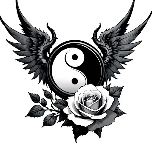 a yin yang symbol with angle wing and a demon wing with a rose in the background gothic emo tattoo design idea