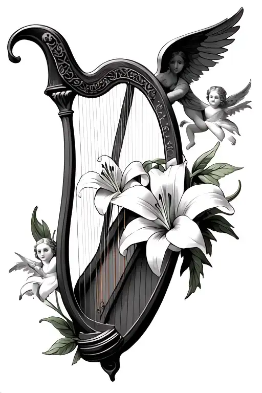 irish harp with lily and angels tattoo design idea