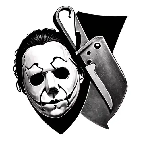 Black and grey realistic tattoo design for a half sleeve, upper left arm. Featuring Michael Myers mask with knife, Art  tattoo design idea