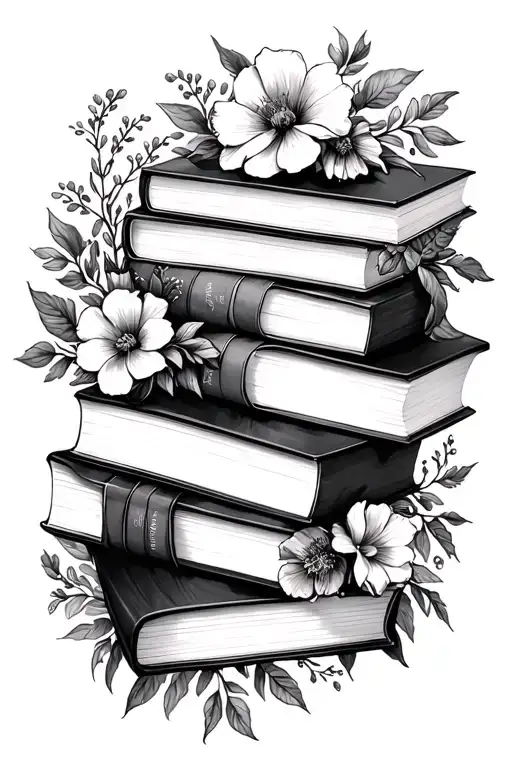 stacked books surrounded by florals tattoo design idea