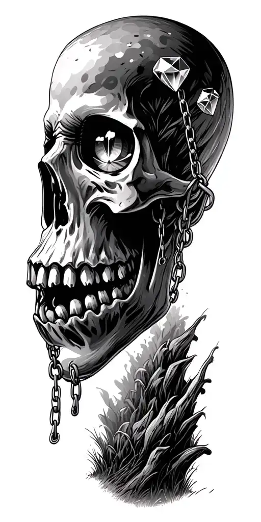 skull with diamond eyes and chains disc golf course landscape tattoo design idea