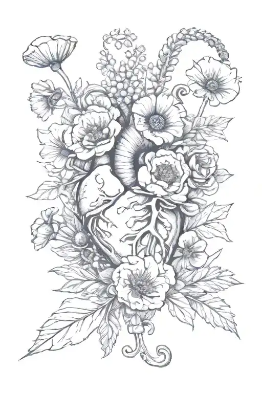abstract design human heart, poppies, anemones, mushrooms, love and the letters J and C tattoo design idea