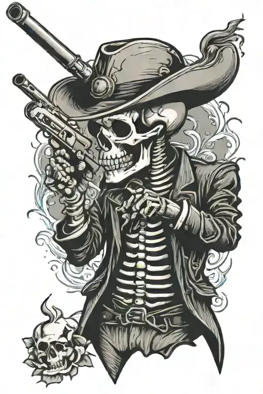 skeleton smoking cigarette pointing gun tattoo design idea