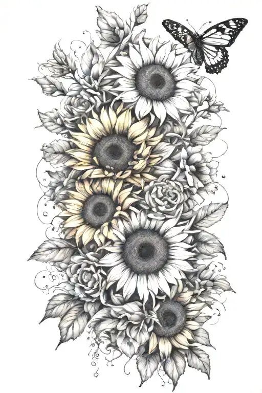 masculine floral sleeve with sunflowers, bees, and desert flowers; not too full, kind of spaced out tattoo design idea
