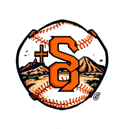 giants baseball symbol, with desert behind, and a cross on a hill in the distance, with an interlocking orange S and F  tattoo design idea