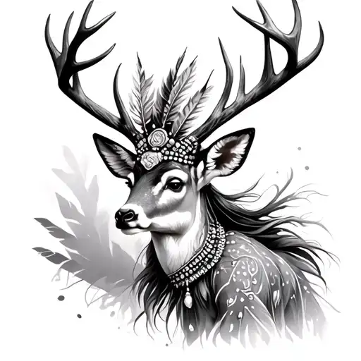 A stylized deer with antlers decorated in feathers or beads.The dancer wearing the deer headdress mid-movement. tattoo design idea