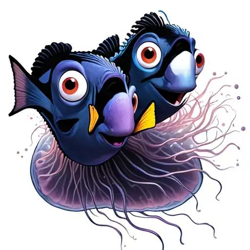 Nemo and dory jumping on jellyfish mauve stinger tattoo design idea