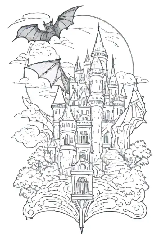 Bat with a castle behind tattoo design idea