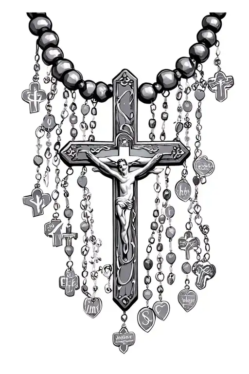rosary beads necklace with names tattoo design idea