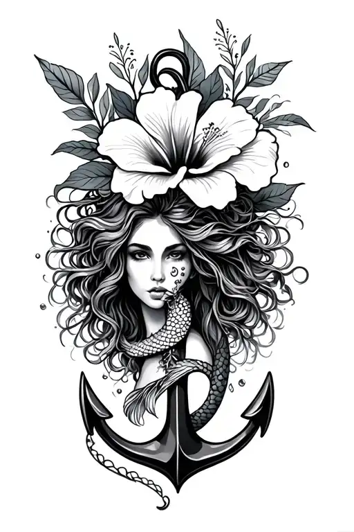 Underwater, mermaid, anchor, hibiscus flower tattoo design idea