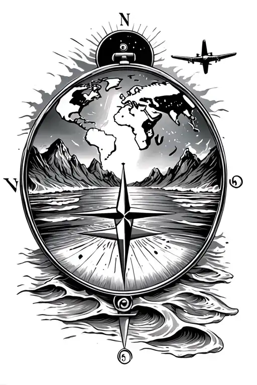 Walking on the beach with calm waves, compass with World map inside, mountains and planes above, space  tattoo design idea