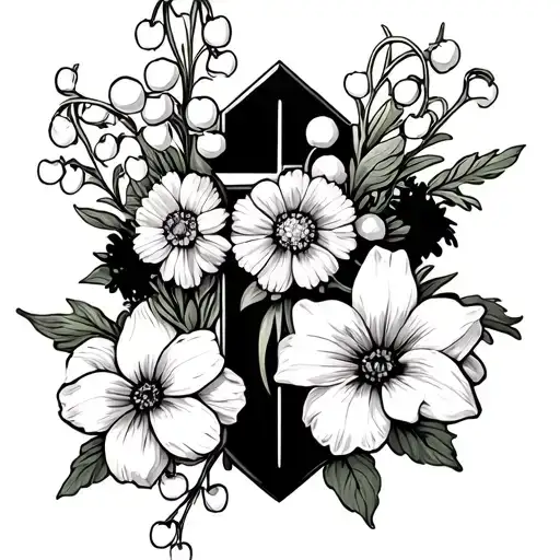cross with marigolds daffodils lily of the valley and violets tattoo design idea
