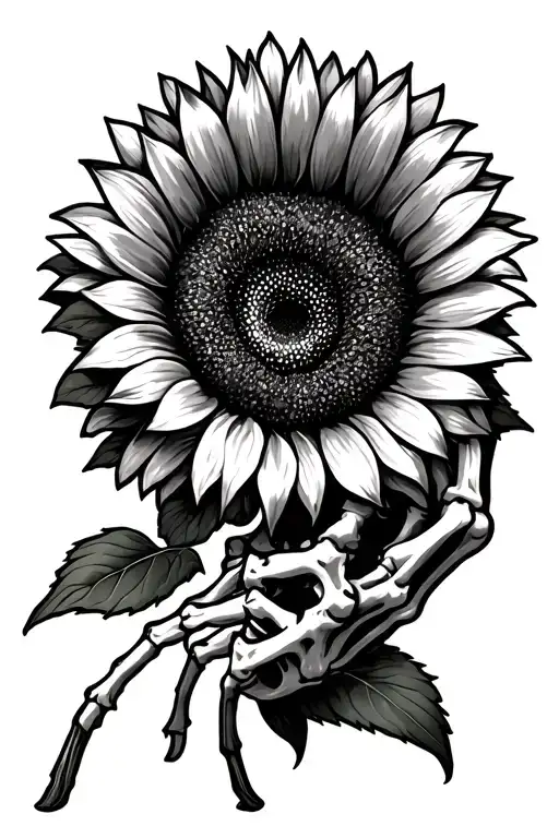 skeleton hand holding sunflower tattoo design idea