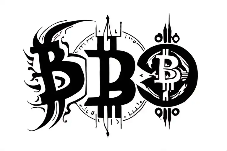 black tattoo that includes bitcoin and queens of the stone age tattoo design idea