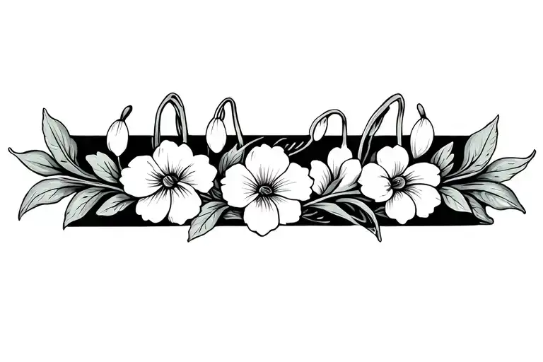 Floral Vertical Armband Tattoo With Snowdrop flowers with polynesian linework outline. color only the petals.    tattoo design idea