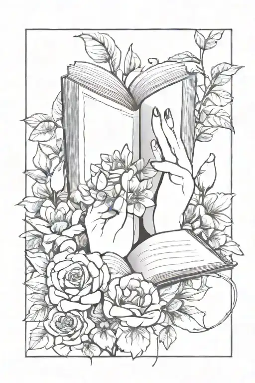  Open book with Good girl written on it with two sets of hands in a BDSM stlye surrounded by flowers tattoo design idea