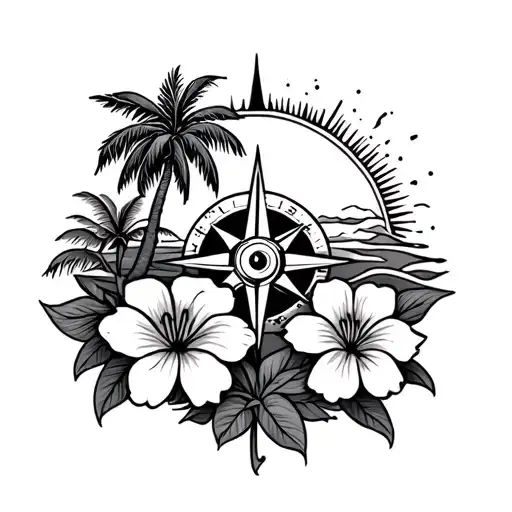 flowers, palm trees, waves, sun, compass, tattoo design idea