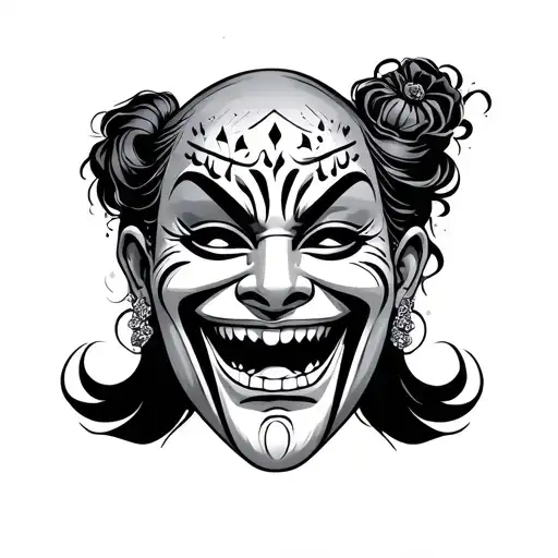 cry now laugh later masks ear area tattoo design idea