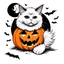 White angora cat with a fluffy tail and a broken ear, sitting behind a Halloween pumpkin, with a moon and bats tattoo design idea