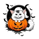White angora cat with a fluffy tail and a broken ear, sitting behind a Halloween pumpkin, with a moon and bats tattoo design idea