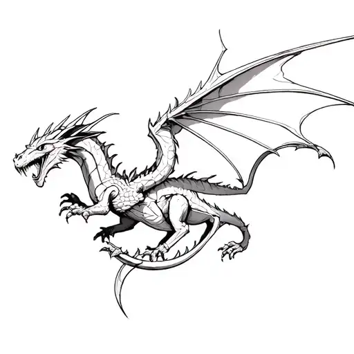 A tattoo for a woman's thigh of a battle dragon similar to that of Smaug from the Hobbit in flight tattoo design idea