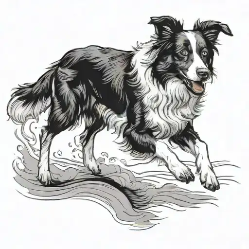 Black and white border collie running side on. tattoo design idea