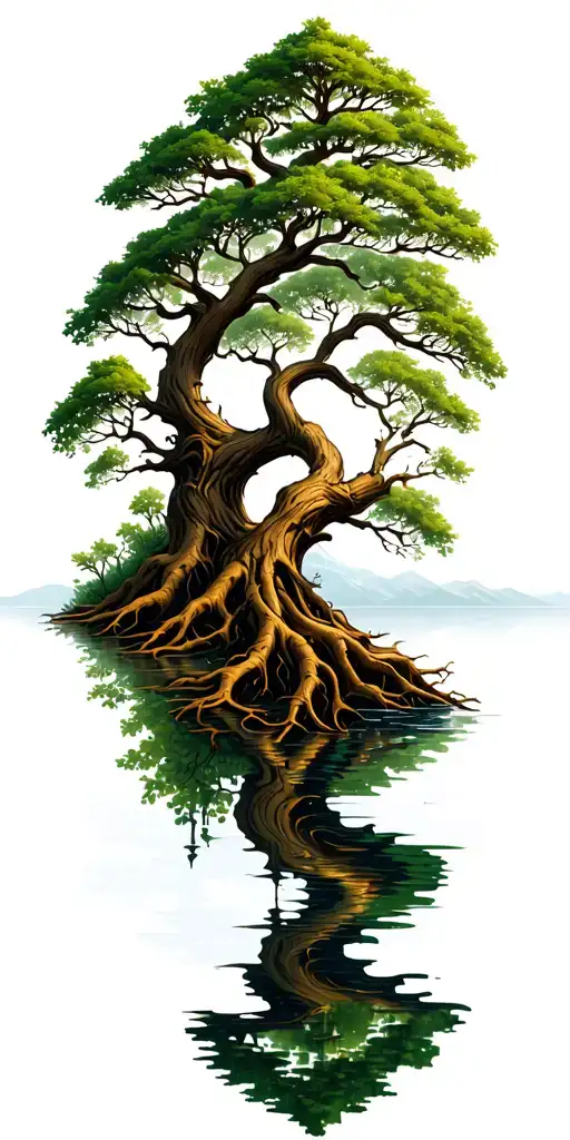 Irish tree of life with roots into a lake reflecting tattoo design idea