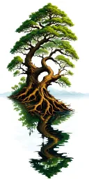 Irish tree of life with roots into a lake reflecting tattoo design idea