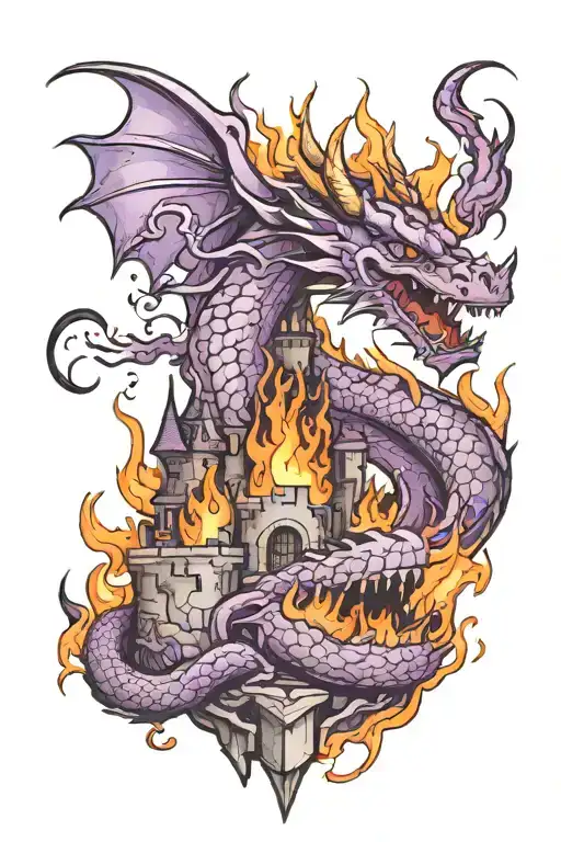 purple dragon wrapping itself around a burning castle tattoo design idea