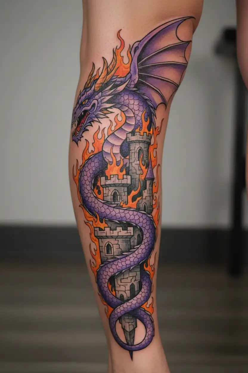 purple dragon wrapping itself around a burning castle tattoo design idea