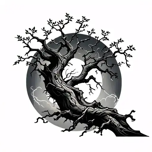 A black and grey tattoo design centered around a twisted, leafless "poison tree" — its bark cracked, its branches reachi tattoo design idea