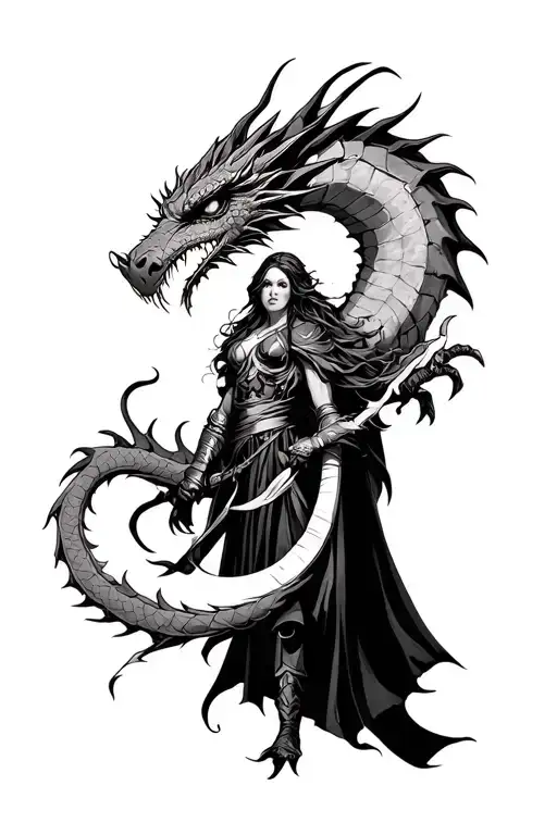sad warrior with dead eyes fights against a female dragon tattoo design idea