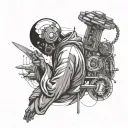 space and computer chip and peaceful zen christian praying tattoo design idea