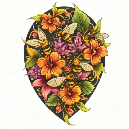 tropical leaves with flowers and bees tattoo design idea