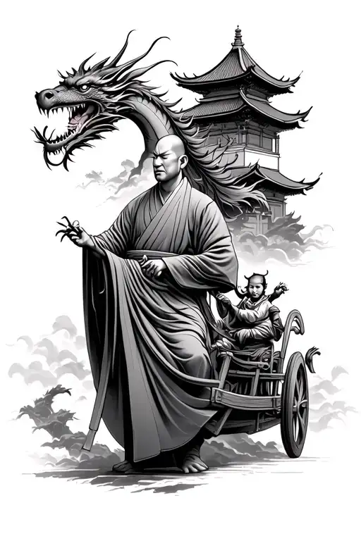 Japanese monk with chariot carried by dragons and a temple in the background tattoo design idea