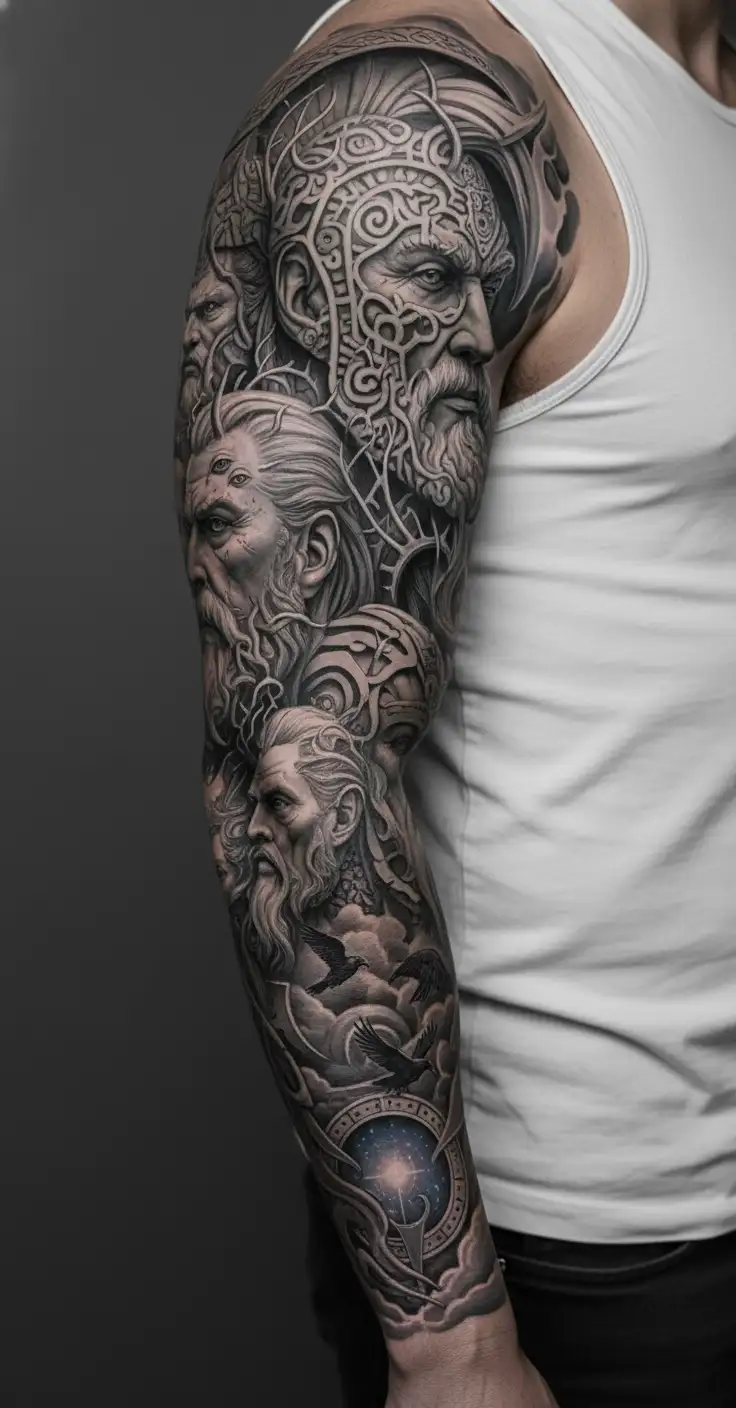 sculpture Tyr, Odin Thor, Frigg, Máni, Sól faces merged together tattoo design idea