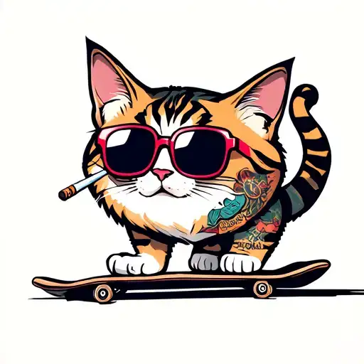 cat standing on a skateboard doing a trick, smoking a cigarette with sun glasses with tattoos tattoo design idea