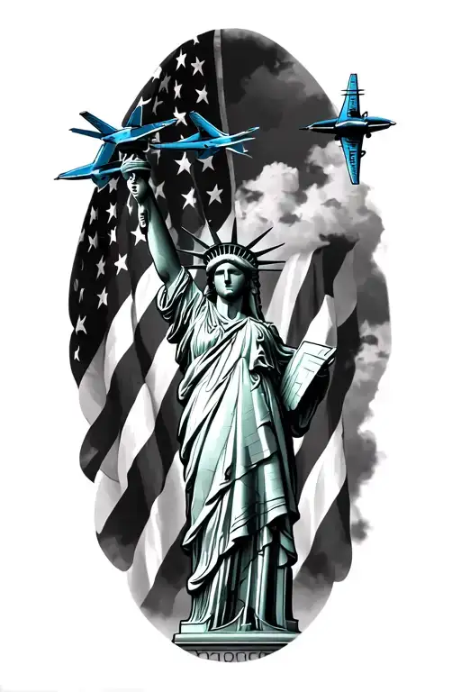 Statue of Liberty with American flag in back ground and blue angel jets flying over tattoo design idea
