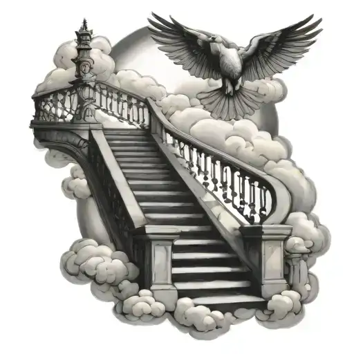 stairway to heaven with doves around it and clouds in the background tattoo design idea