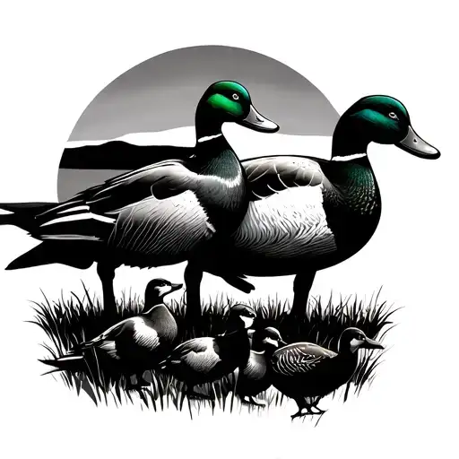 realism black and white. mallards and a dog pointing in a field with a sunset tattoo design idea
