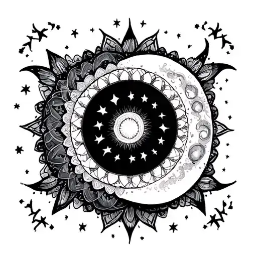 mandala, with stars, moon surrounded tattoo design idea