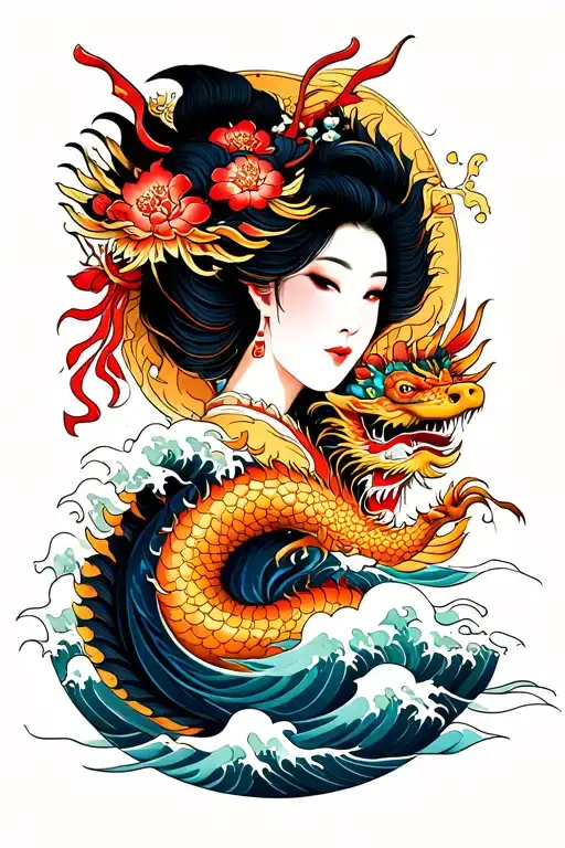 Japanese dragon with a geisha and waves tattoo design idea