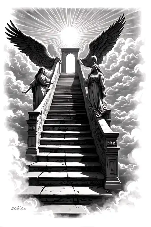 stairway to heaven walking up stairs angels sun rays clouds heaven gate at the top of the stairs  tattoo design idea