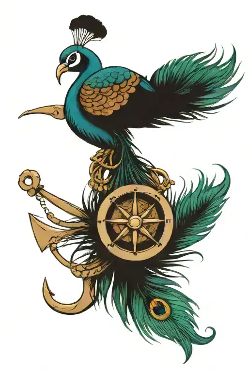 anchor and peacock feather tattoo design idea
