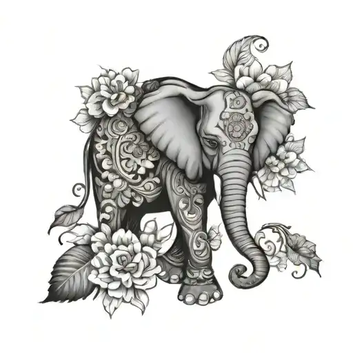 a elephant with flowers, leaves and mandala in the backgrounds  tattoo design idea