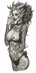 Sexy Pale Girl, petite, big boobs, wide hips, G-String. Messy hair, demonic horns, sexual. Seductive smile. Full Body tattoo design idea