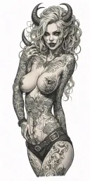 Sexy Pale Girl, petite, big boobs, wide hips, G-String. Messy hair, demonic horns, sexual. Seductive smile. Full Body tattoo design idea