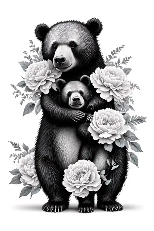 Mama bear and baby bear with peonies and roses carnation  tattoo design idea