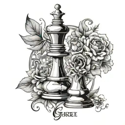 king chess queen chess pieces together with 5 flowers and the name Gurjeet in Hindi written underneath  tattoo design idea