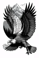 Flying eagle with spread wings with mountains and forest in background tattoo design idea